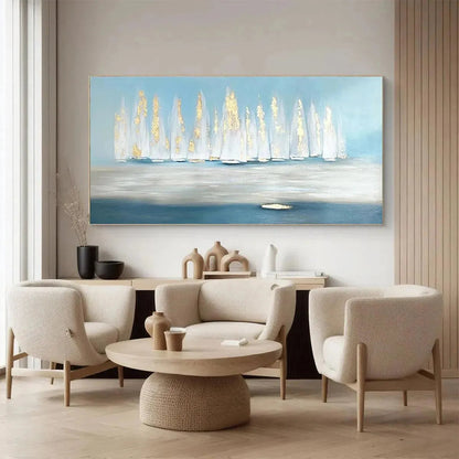 Golden Sails hand-painted gold and ivory textured sailboat seascape painting shown with white frame