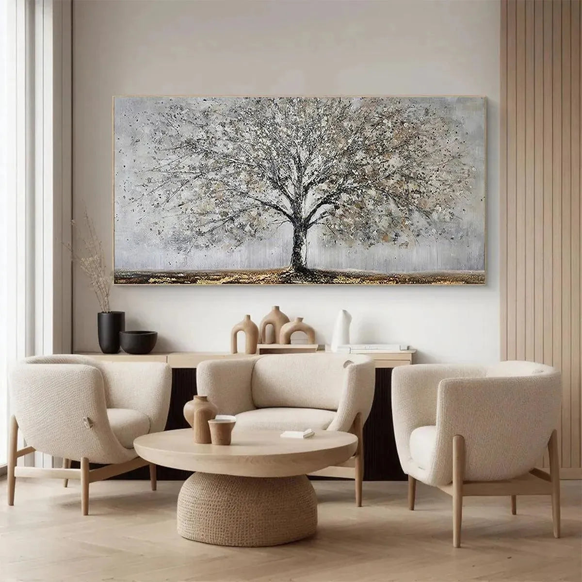 Silver Birch hand-painted soft grey and gold textured forest landscape painting shown with white frame