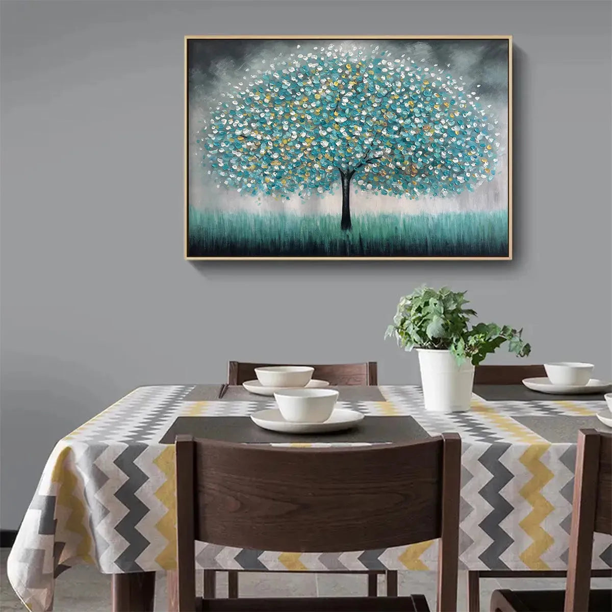 Teal Dream hand-painted soft grey and teal textured tree painting shown with wood frame