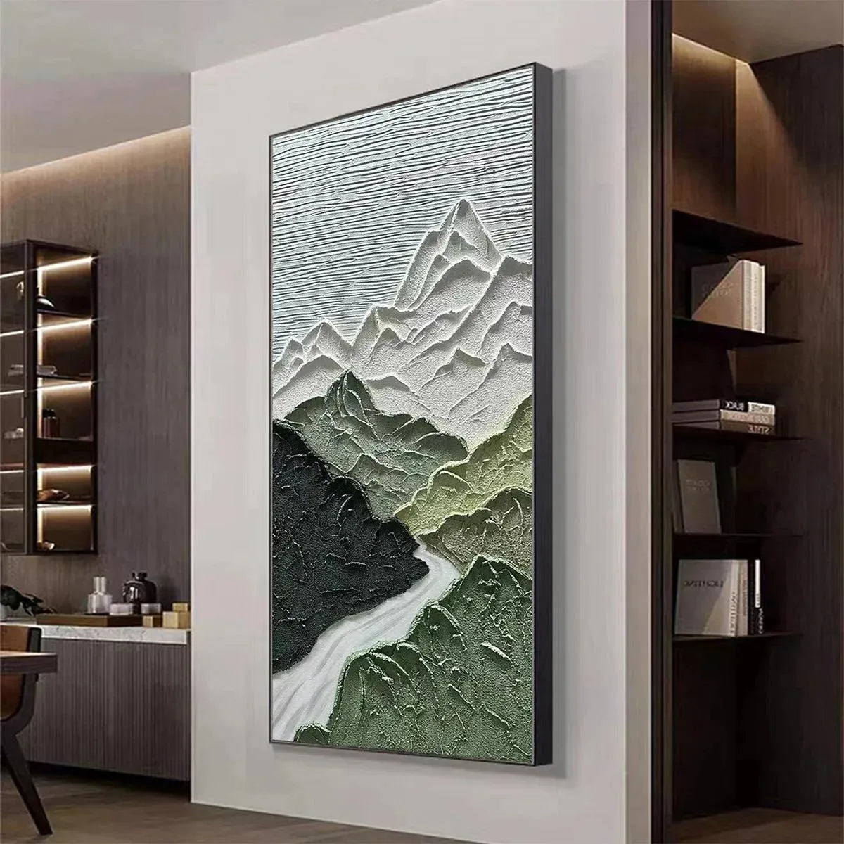 Jade Peak hand-painted white and green textured mountain river landscape painting shown with white frame