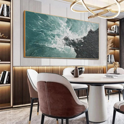 Turquoise Crash hand-painted black, turquoise and teal textured coastal abstract painting shown with wood frame