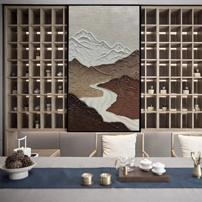 Earth River hand-painted white and earth brown textured mountain river landscape painting shown with wood frame