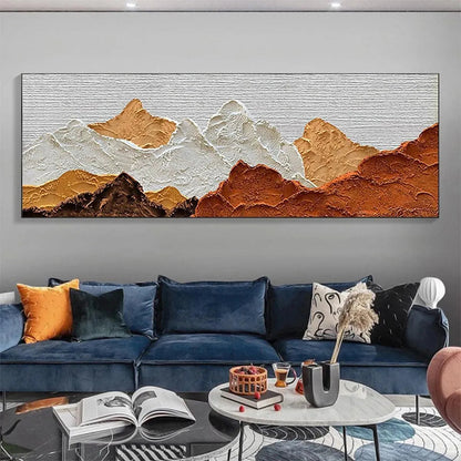 Mountain Peaks hand-painted white and earth brown textured mountain landscape painting shown with white frame