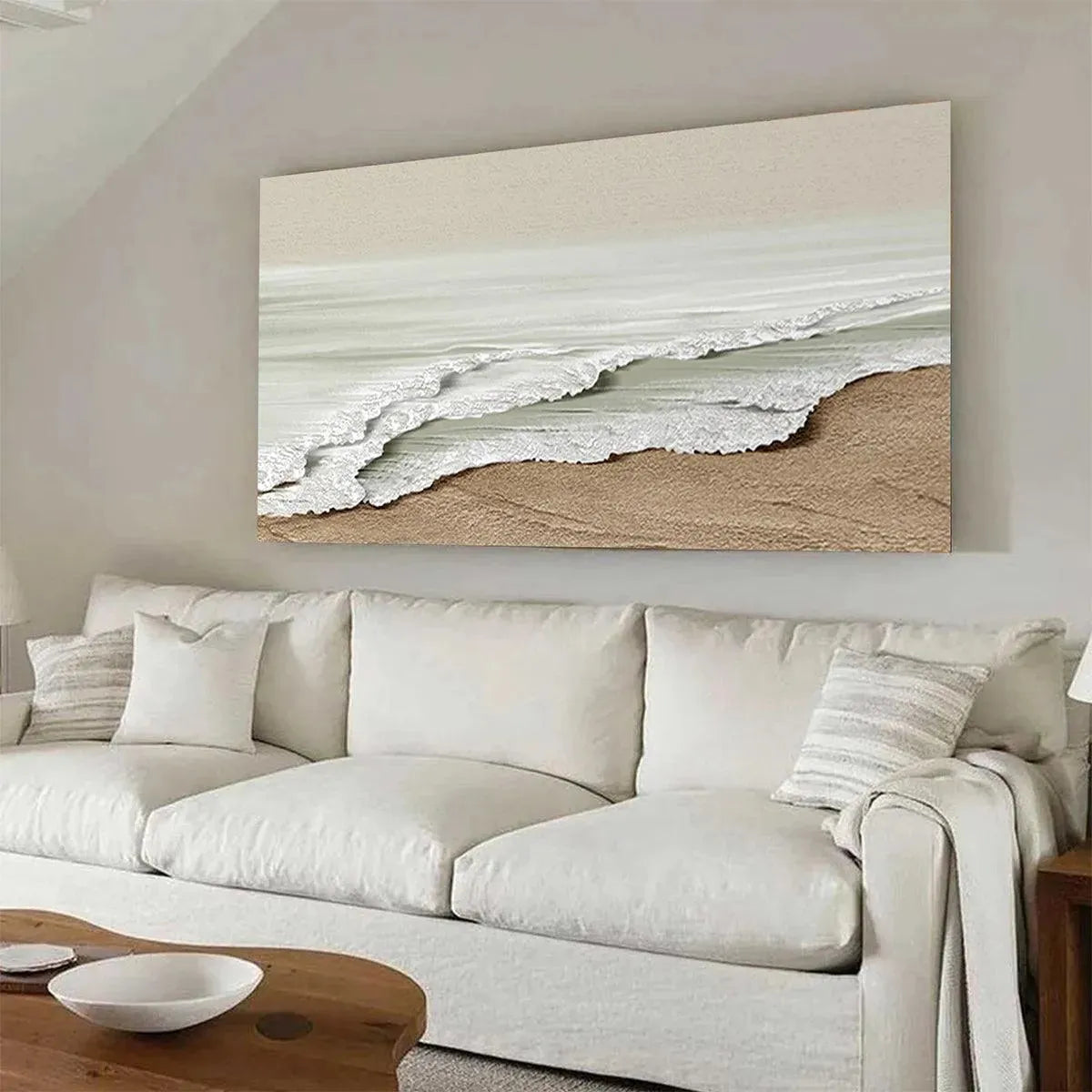 Serene Shore hand-painted beige and ivory textured coastal landscape painting shown with white frame