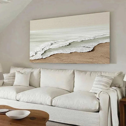 Serene Shore hand-painted beige and ivory textured coastal landscape painting shown with white frame