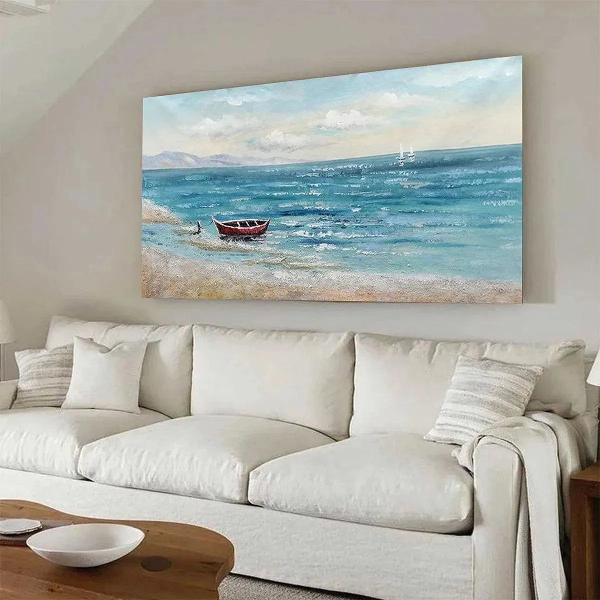 Red Boat At The Shore hand-painted red and ivory textured coastal landscape painting shown with white frame