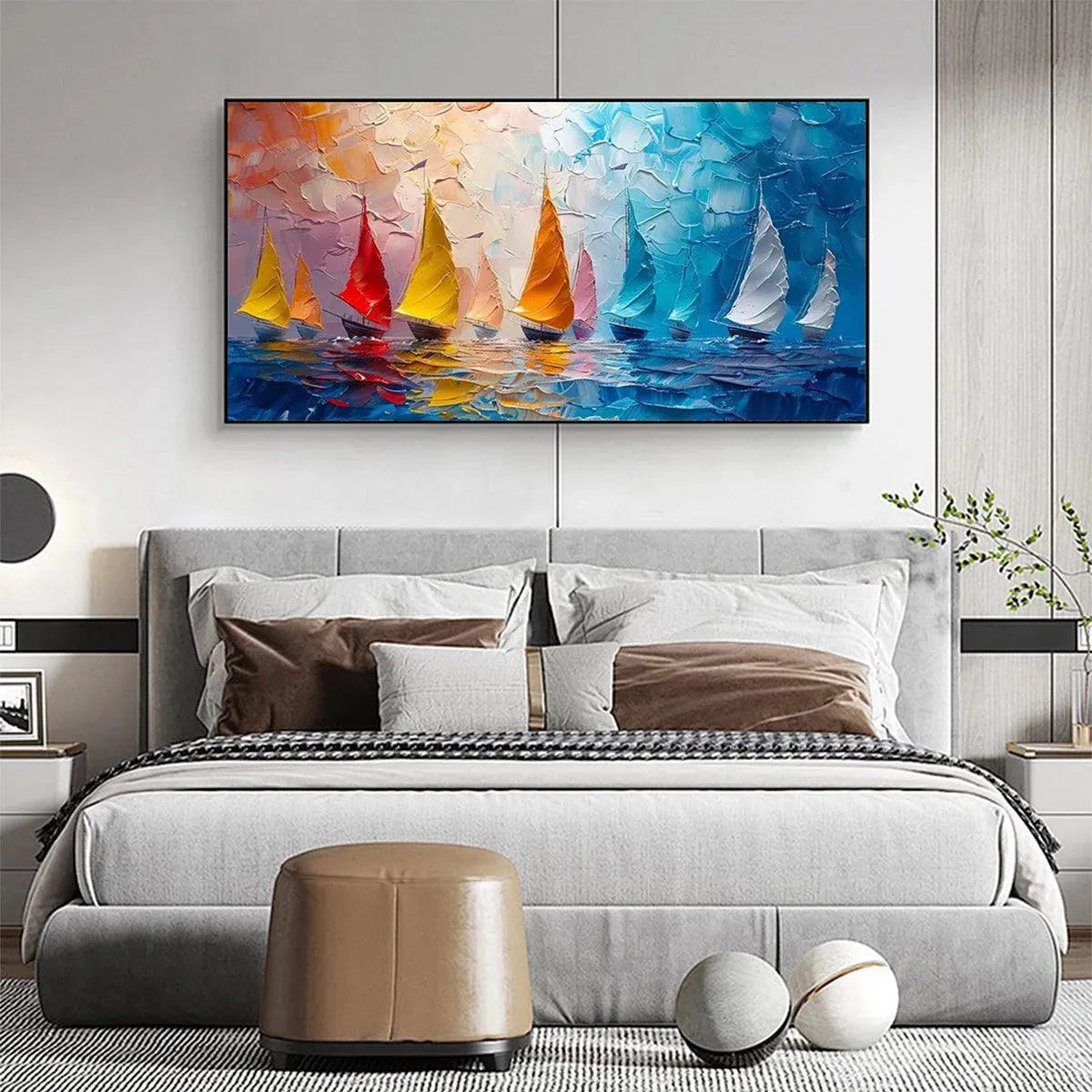 Regatta hand-painted ocean blue, ivory and soft neutral tones textured sailboat seascape painting shown with black frame