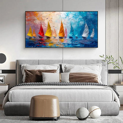 Regatta hand-painted ocean blue, ivory and soft neutral tones textured sailboat seascape painting shown with black frame