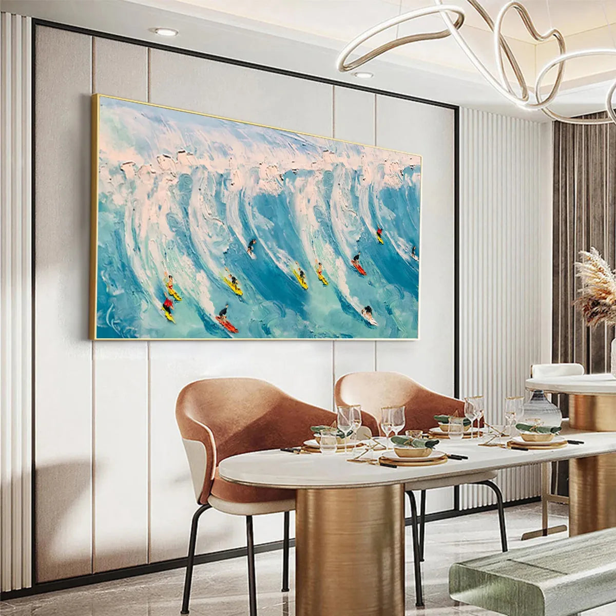 Wave Riders hand-painted white and ocean blue textured surfer ocean painting shown as stretched canvas