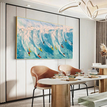 Wave Riders hand-painted white and ocean blue textured surfer ocean painting shown as stretched canvas