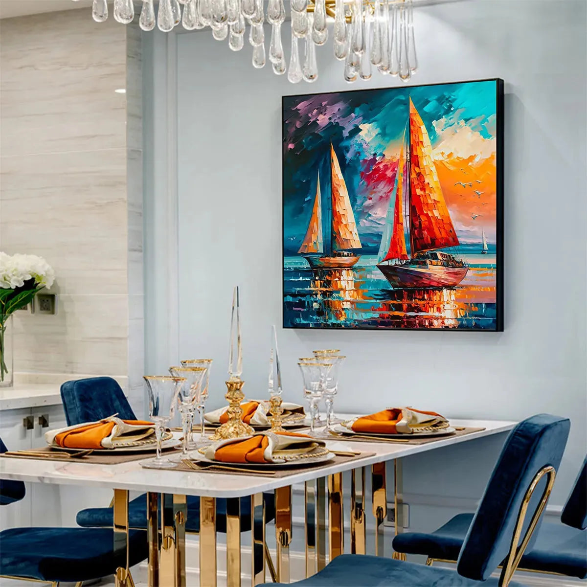 Evening Sail hand-painted ocean blue, ivory and soft neutral tones textured sailboat seascape painting shown with black frame