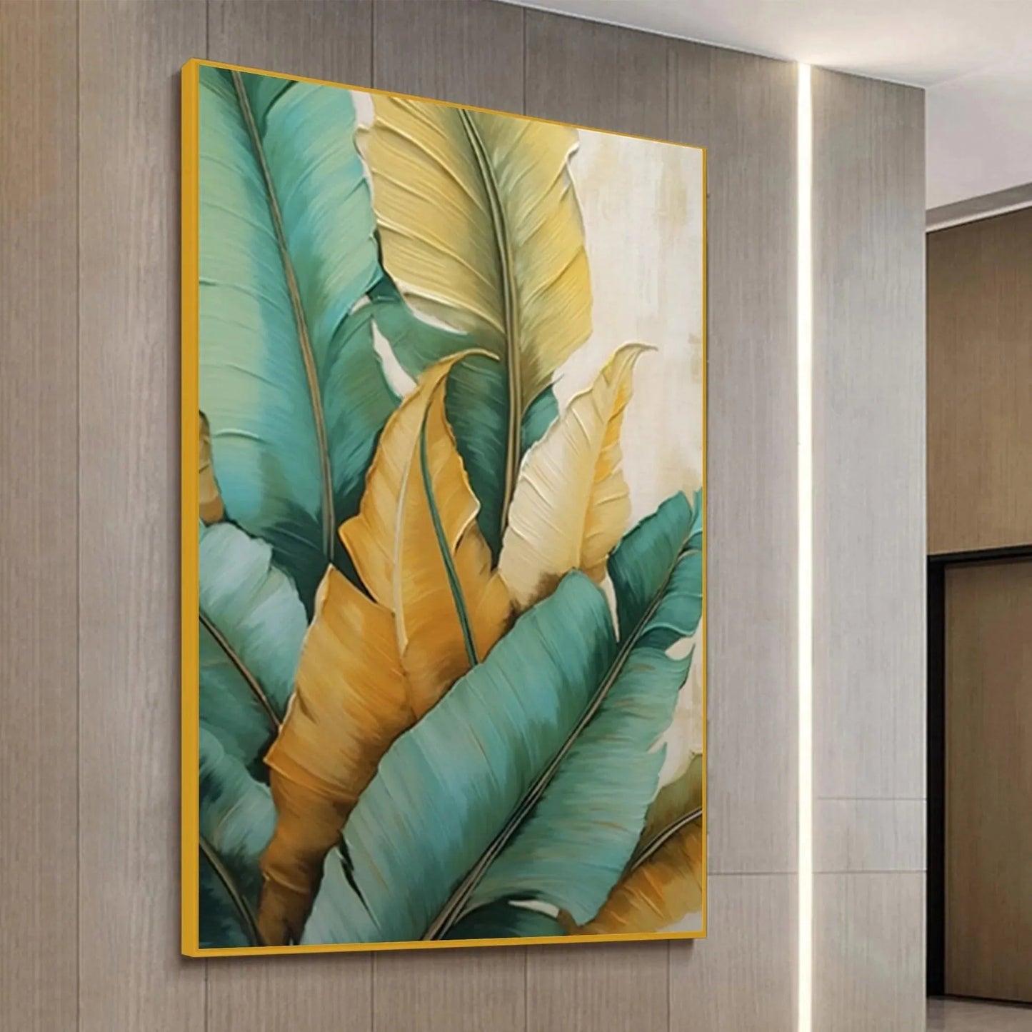 Tropical Abundance hand-painted green, gold and yellow textured botanical painting shown with white frame
