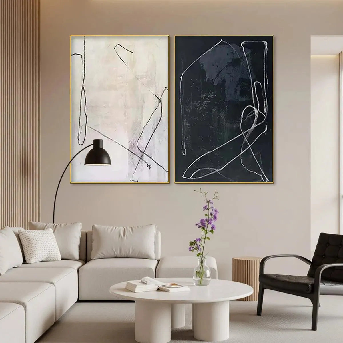 Minimalist Abstract Duo – Wabi-Sabi Black and White Abstract Oil Painting, view 5