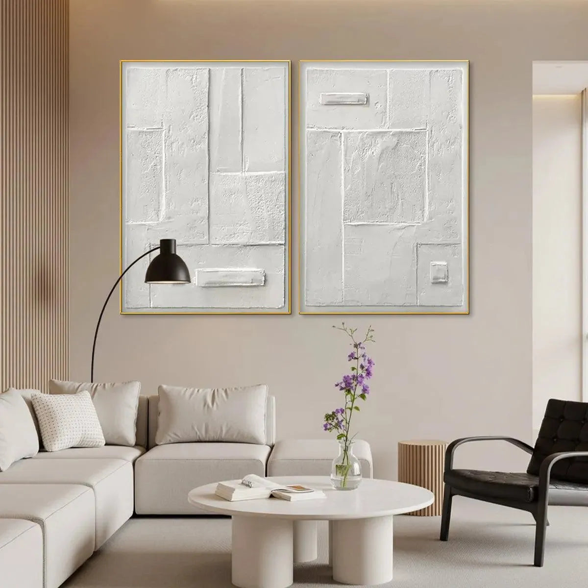 White Wabi-Sabi Abstract Textured Oil Painting – White Textured Vertical Diptych