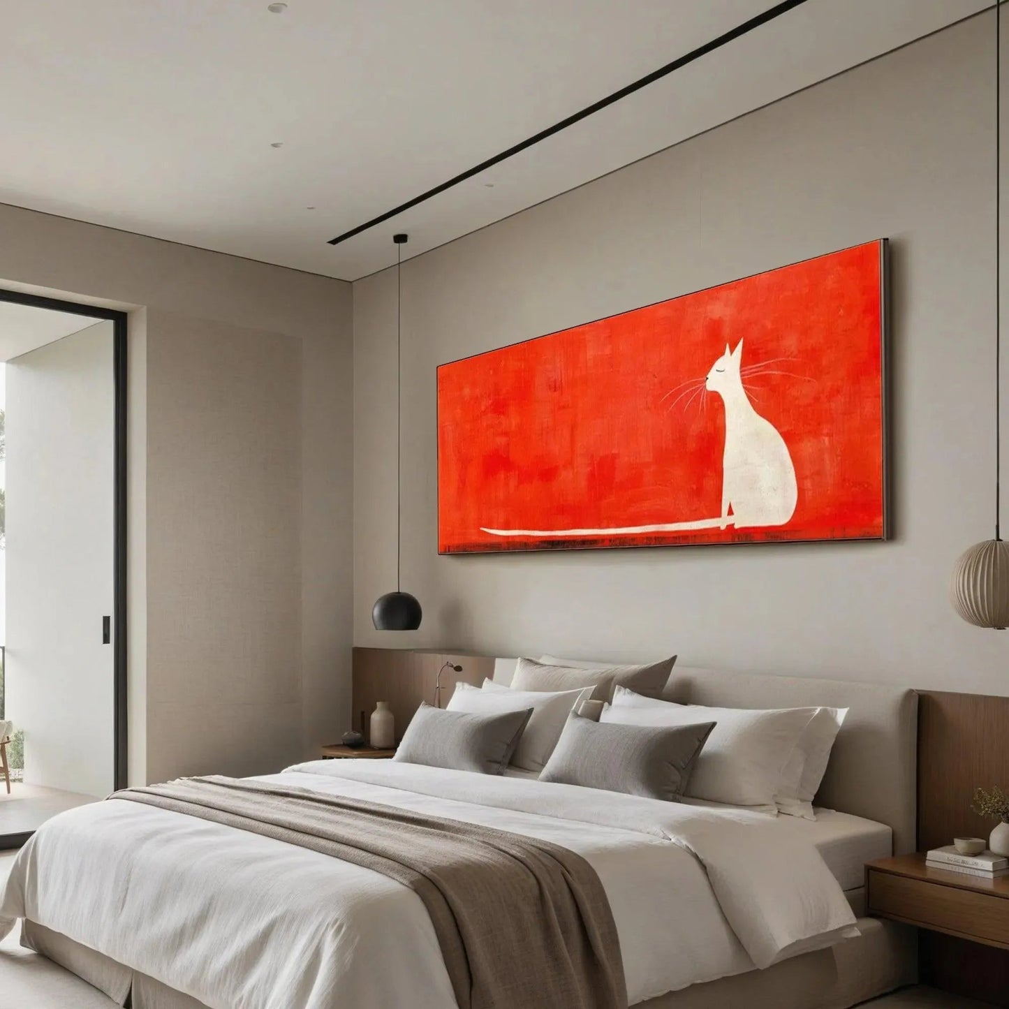 Green and Red Minimalist Cat Oil Painting – Minimalist Cat On Red Panoramic