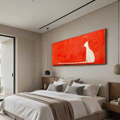 Green and Red Minimalist Cat Oil Painting – Minimalist Cat On Red Panoramic