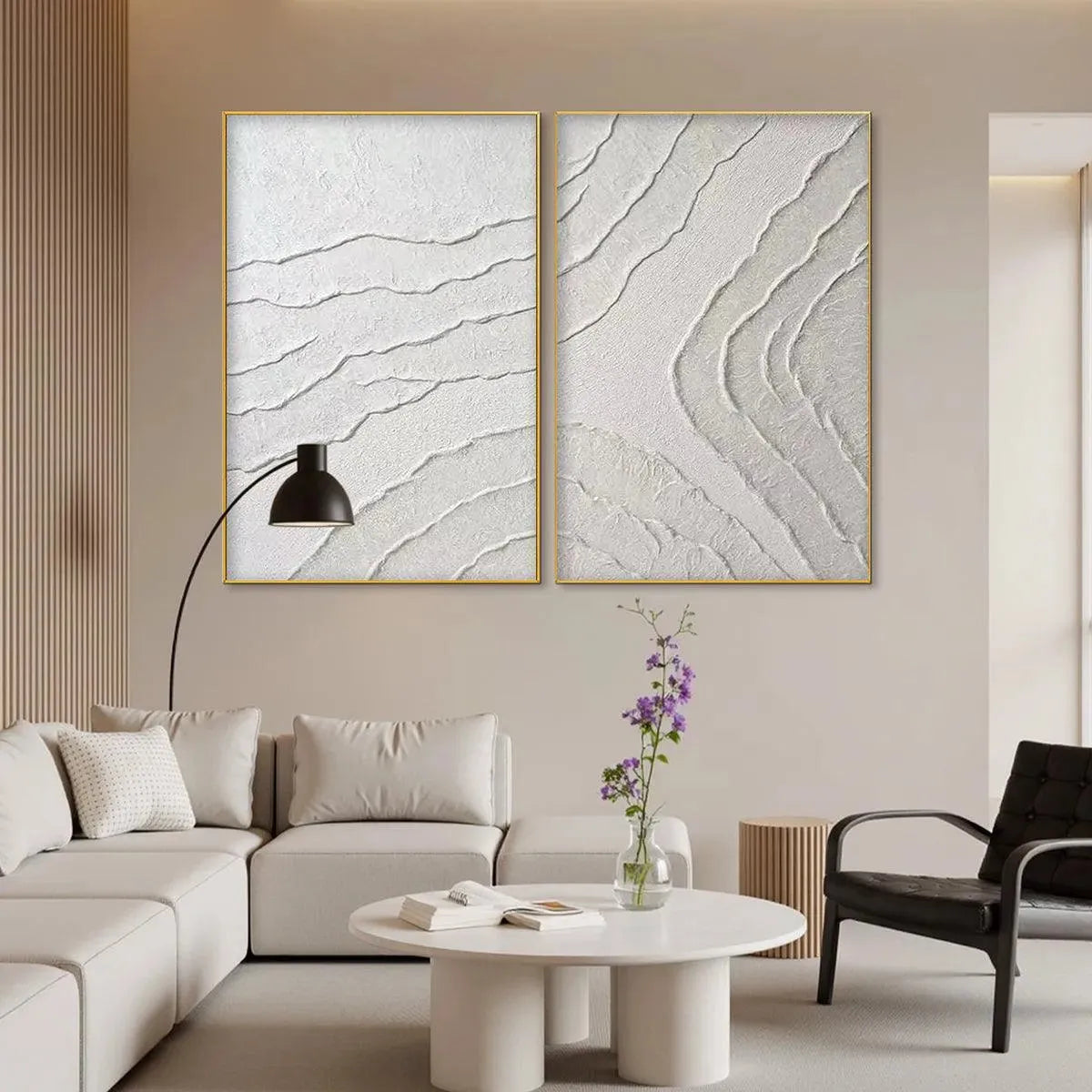 White Wabi-Sabi Abstract Textured Oil Painting – White Textured Lines Diptych
