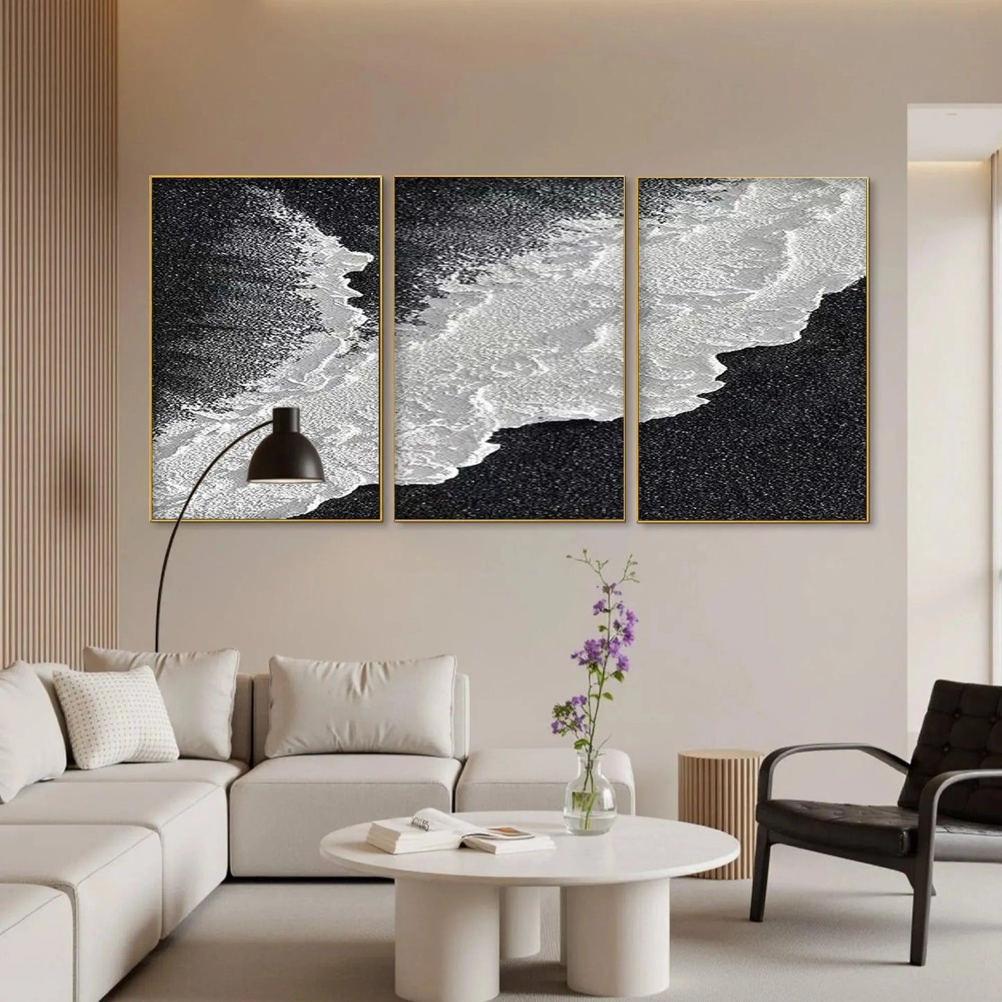 Black & White Ocean Triptych hand-painted white and black textured coastal abstract painting shown with black frame