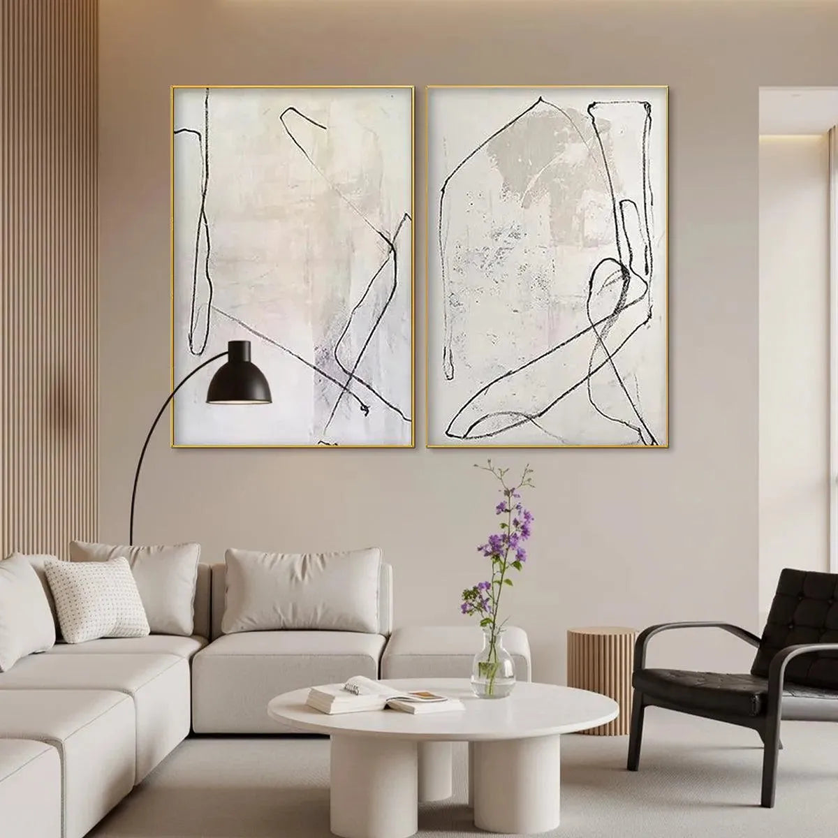Minimalist Abstract Diptych – Wabi-Sabi Abstract Line Art Oil Painting, view 5