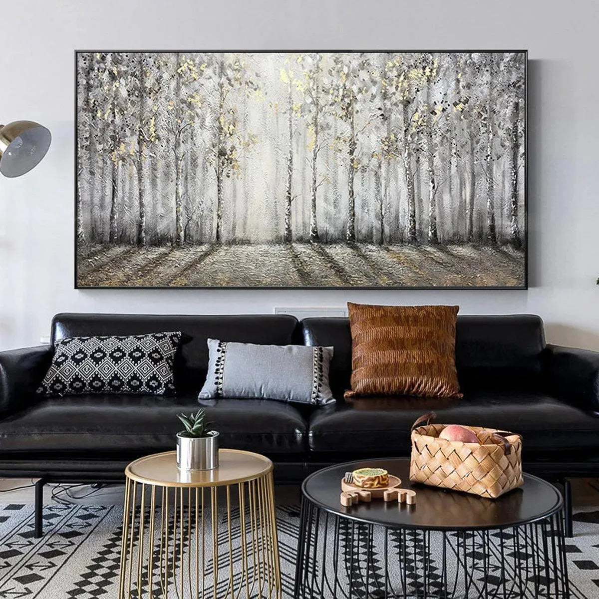 Golden Birchwood hand-painted gold and ivory textured forest landscape painting shown with white frame