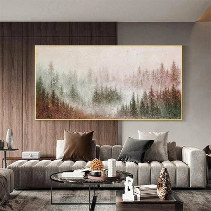 Misty Pines hand-painted forest green, soft grey and warm earth tones textured forest landscape painting shown with white frame