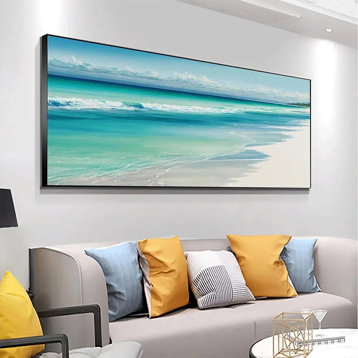 Turquoise Dream hand-painted turquoise and ivory textured seascape painting shown with white frame