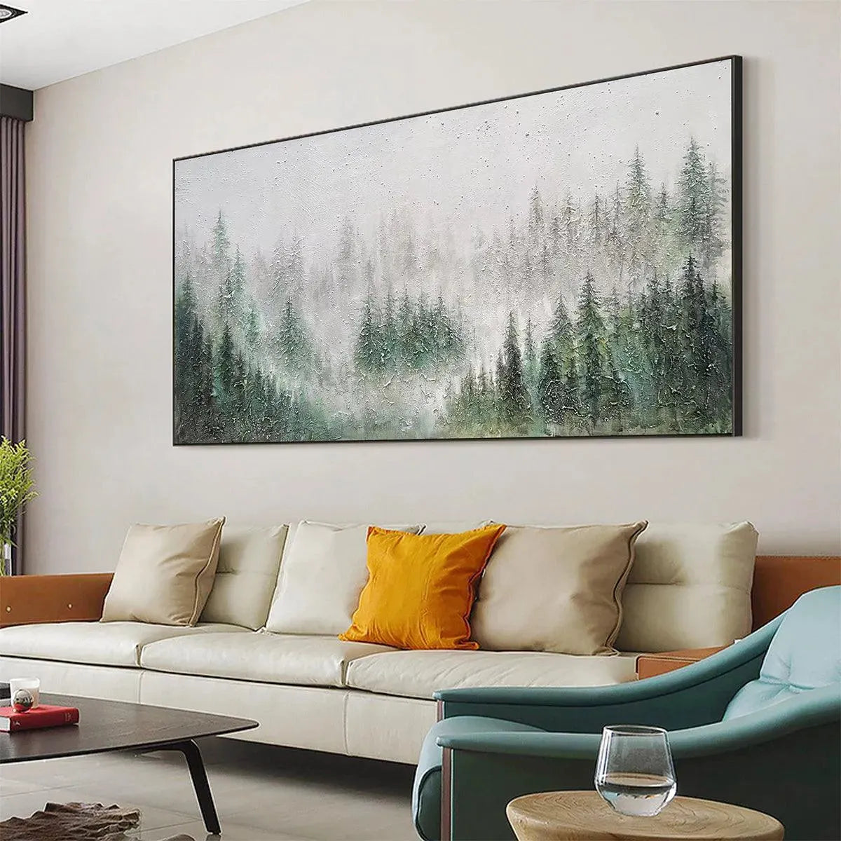 Emerald Mist hand-painted emerald green and ivory textured forest landscape painting shown with wood frame