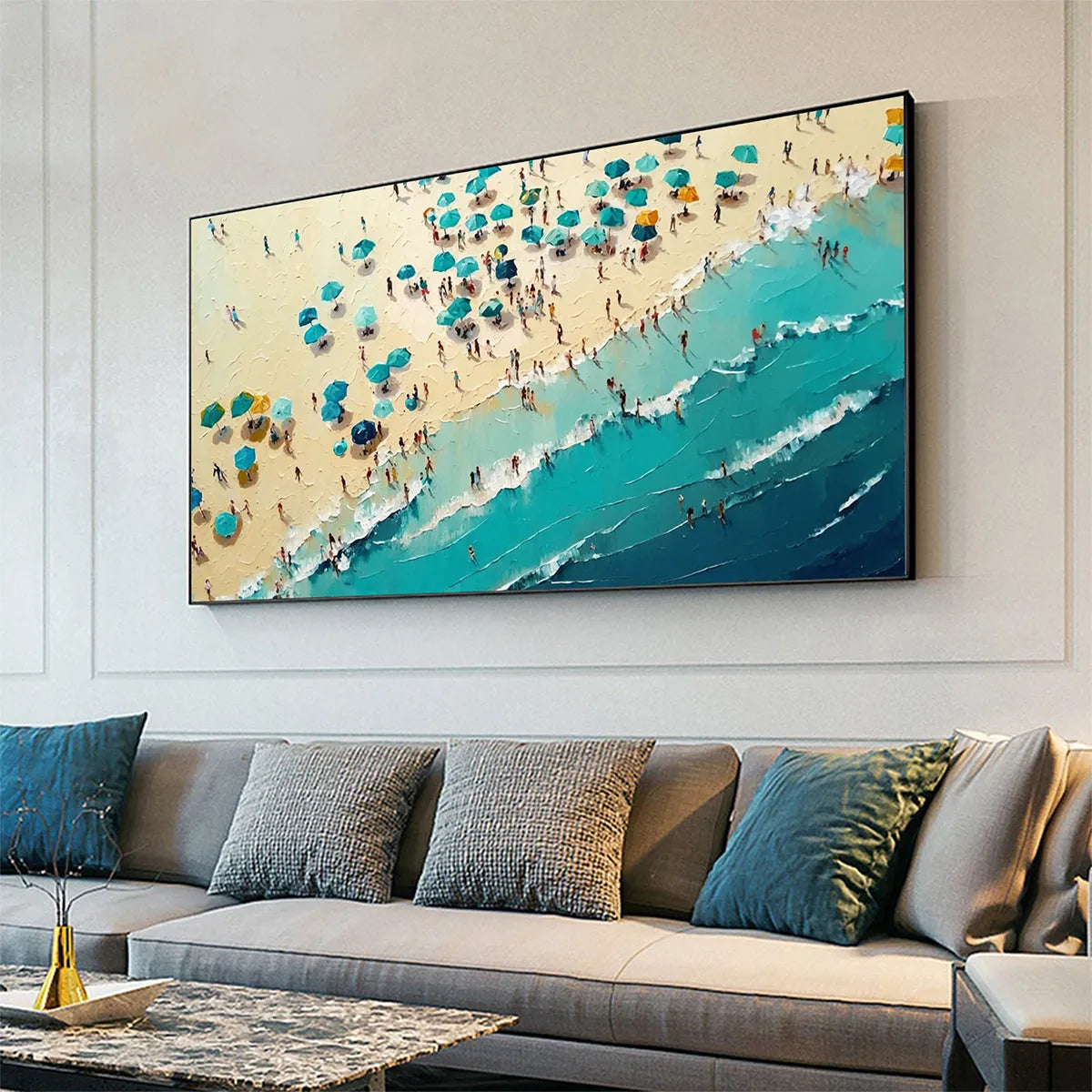 Summer Afternoon hand-painted turquoise and ivory textured beach scene painting shown with black frame