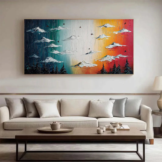 Chromatic Ascension hand-painted crimson, golden yellow, turquoise and violet textured mountain landscape painting shown as stretched canvas