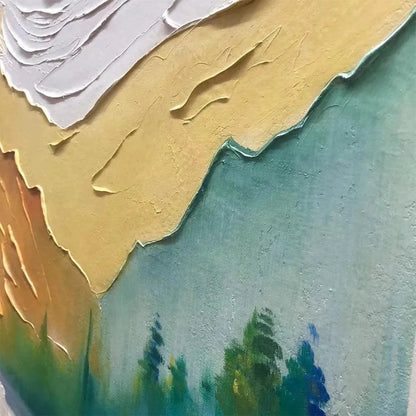 Autumn Valley hand-painted ocean blue, ivory and soft neutral tones textured coastal landscape painting shown with gold frame