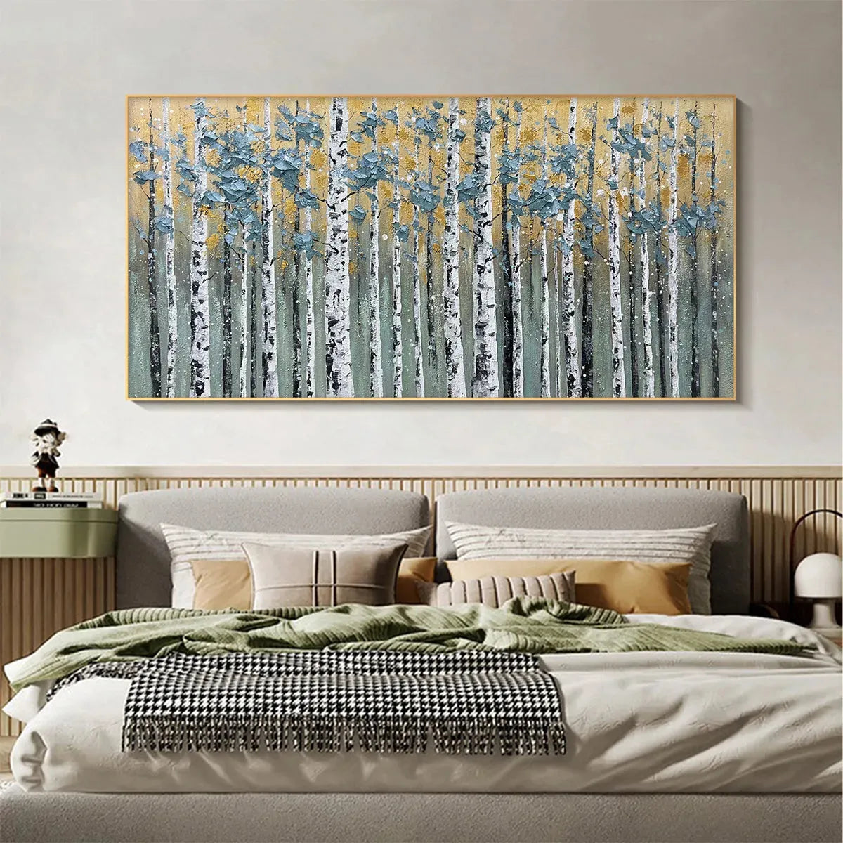 Golden Birch Grove hand-painted white, green and gold textured forest landscape painting shown with wood frame