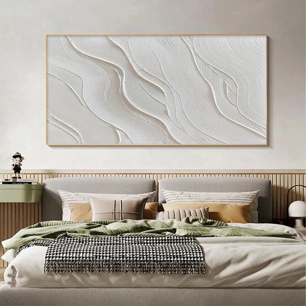 Serene Ripples hand-painted white and soft beige textured coastal abstract painting shown with black frame
