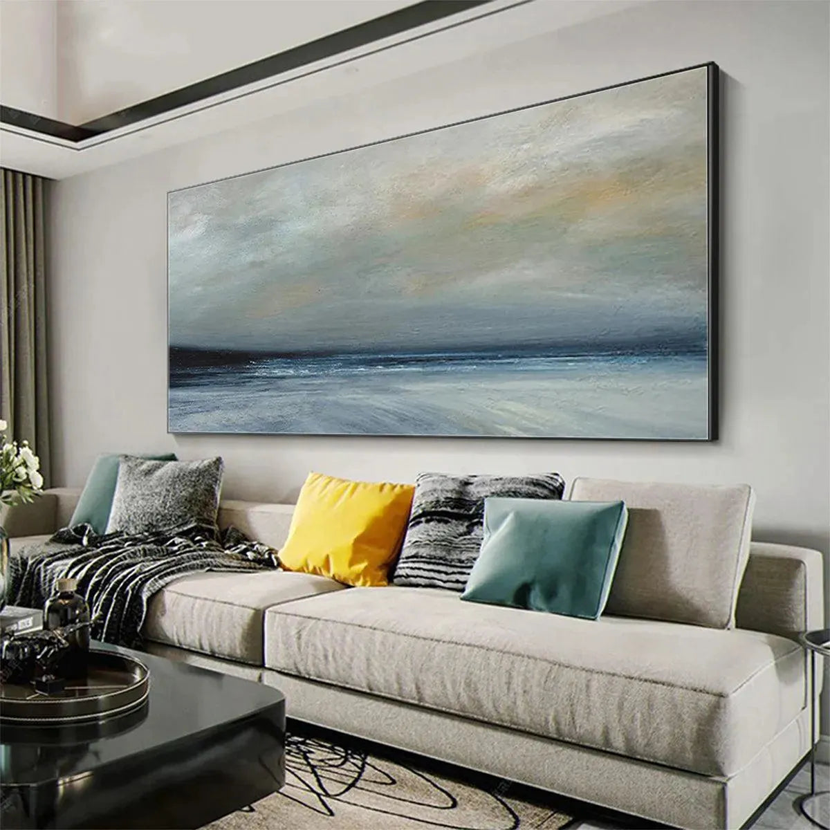 Twilight Coast hand-painted ocean blue, ivory and soft neutral tones textured sunset seascape painting shown with white frame