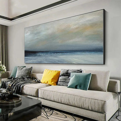 Twilight Coast hand-painted ocean blue, ivory and soft neutral tones textured sunset seascape painting shown with white frame