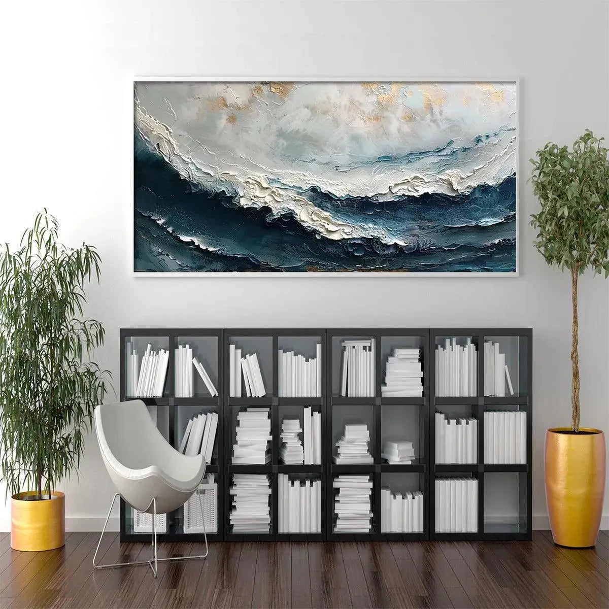 Ocean Dream hand-painted white, ocean blue and gold textured coastal abstract painting rolled canvas option