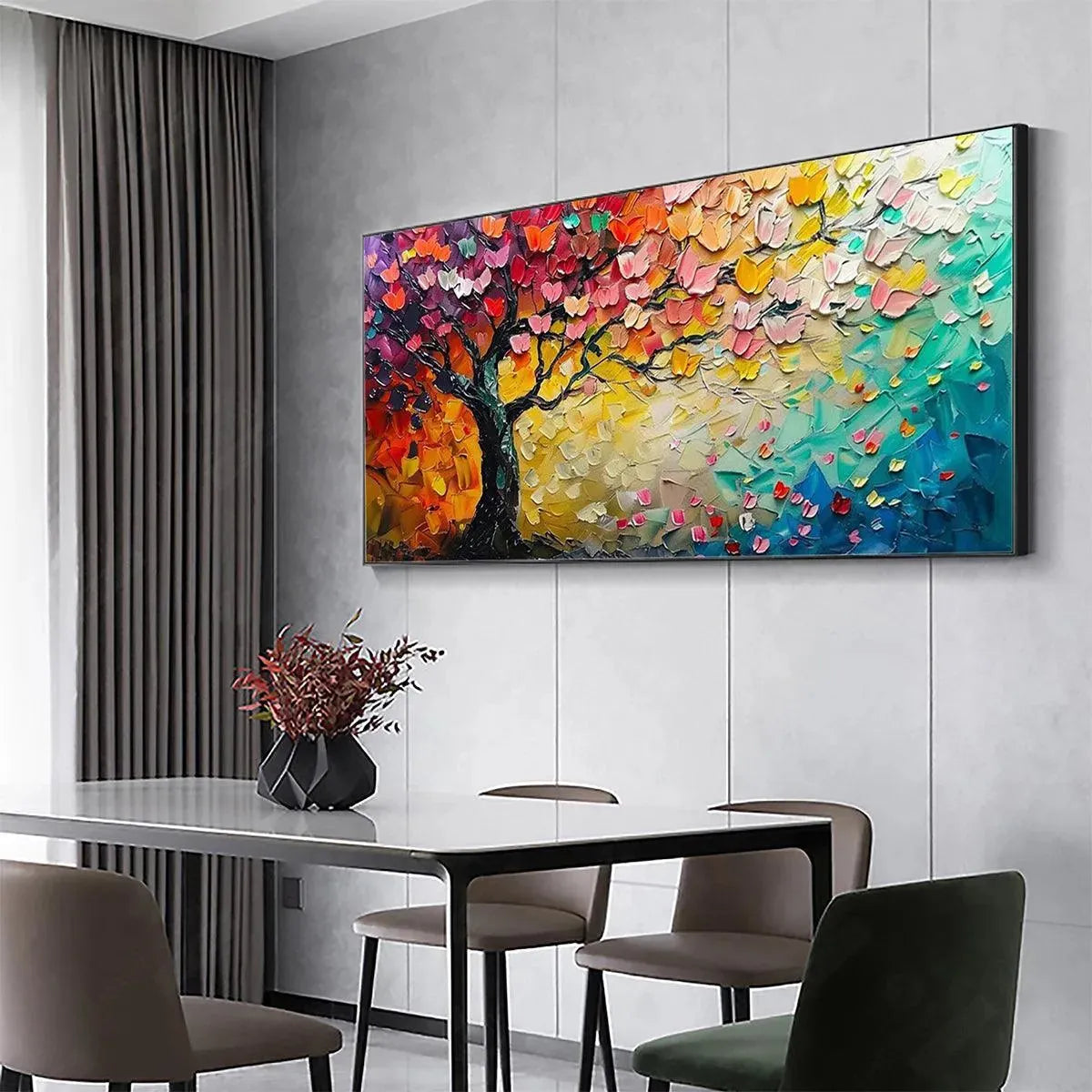 Whispers of Autumn hand-painted crimson, golden yellow, turquoise and violet textured tree painting shown with white frame