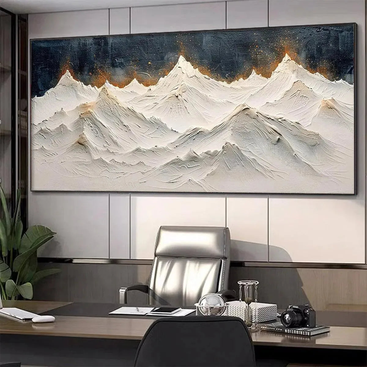 Snowy Peaks hand-painted white and gold textured mountain landscape painting shown with wood frame