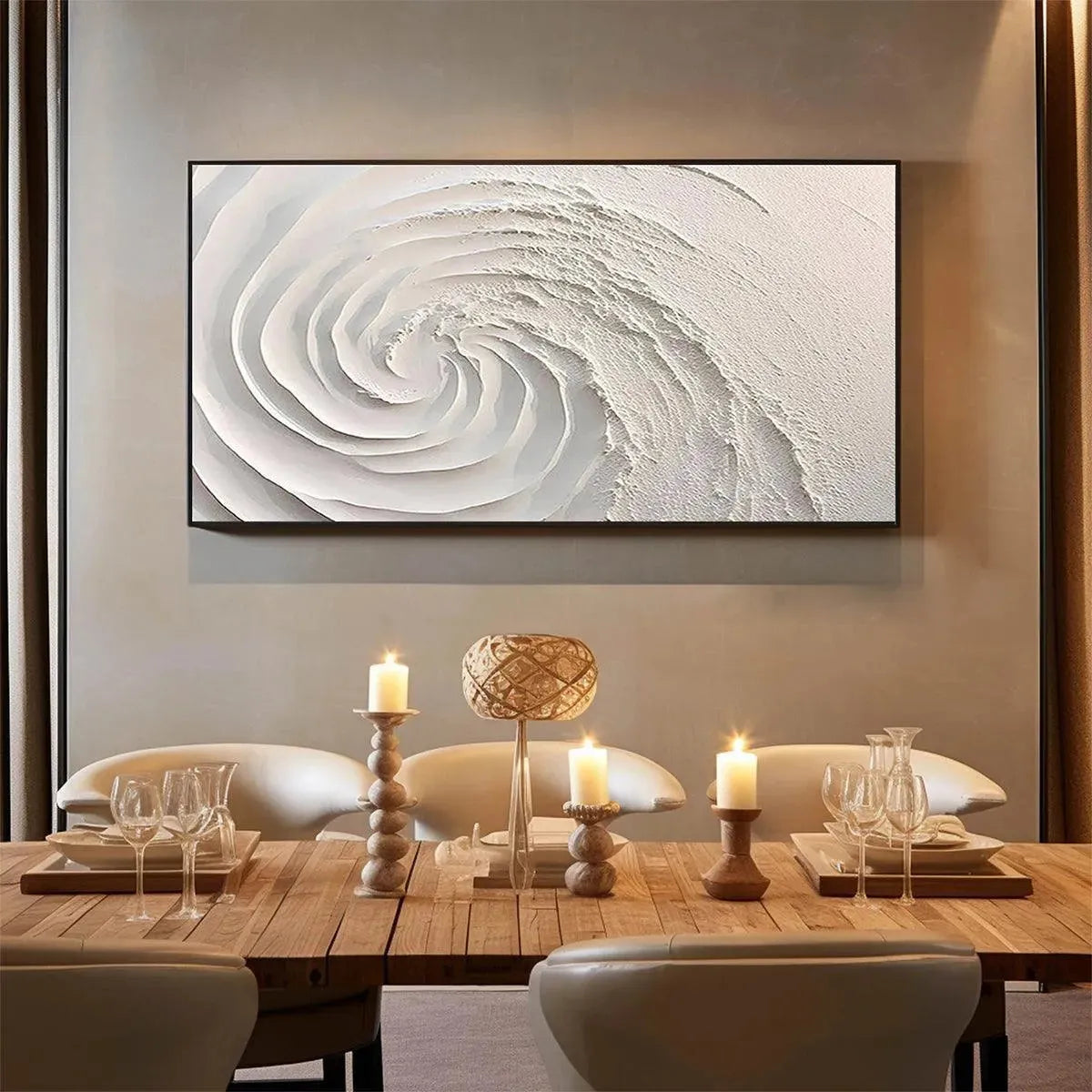 Whirlwind hand-painted white and soft beige textured coastal abstract painting shown with wood frame