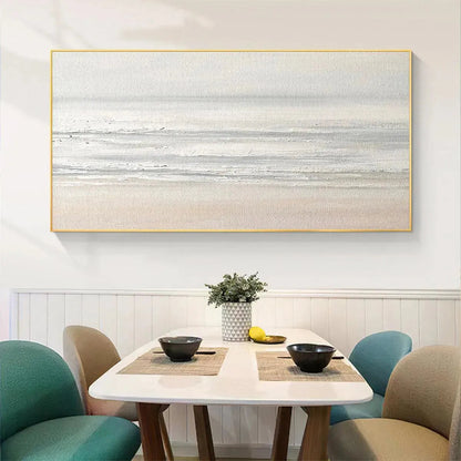 Tranquil Coast hand-painted ocean blue, ivory and soft neutral tones textured coastal landscape painting shown with black frame