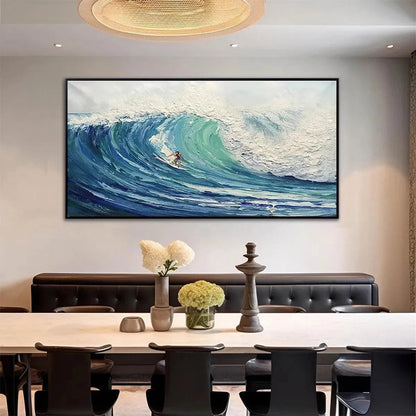 Emerald Surge hand-painted ocean blue and emerald green textured surfer ocean painting shown as stretched canvas