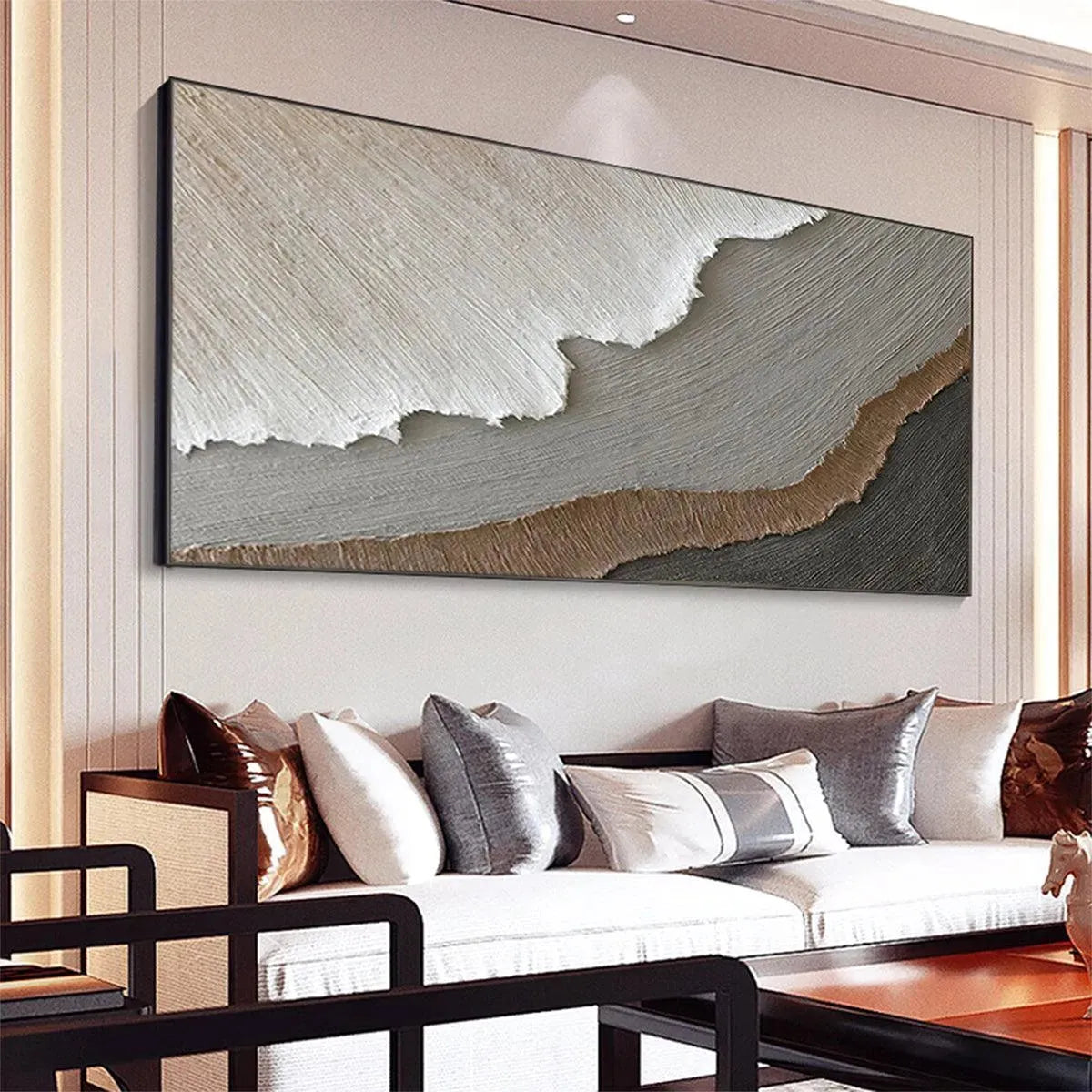 Earth Tones hand-painted white, beige, soft grey and earth brown textured coastal landscape painting shown with wood frame