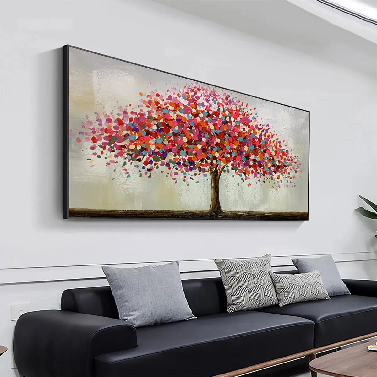 Jewel Tree hand-painted crimson, golden yellow, turquoise and violet textured tree painting rolled canvas option