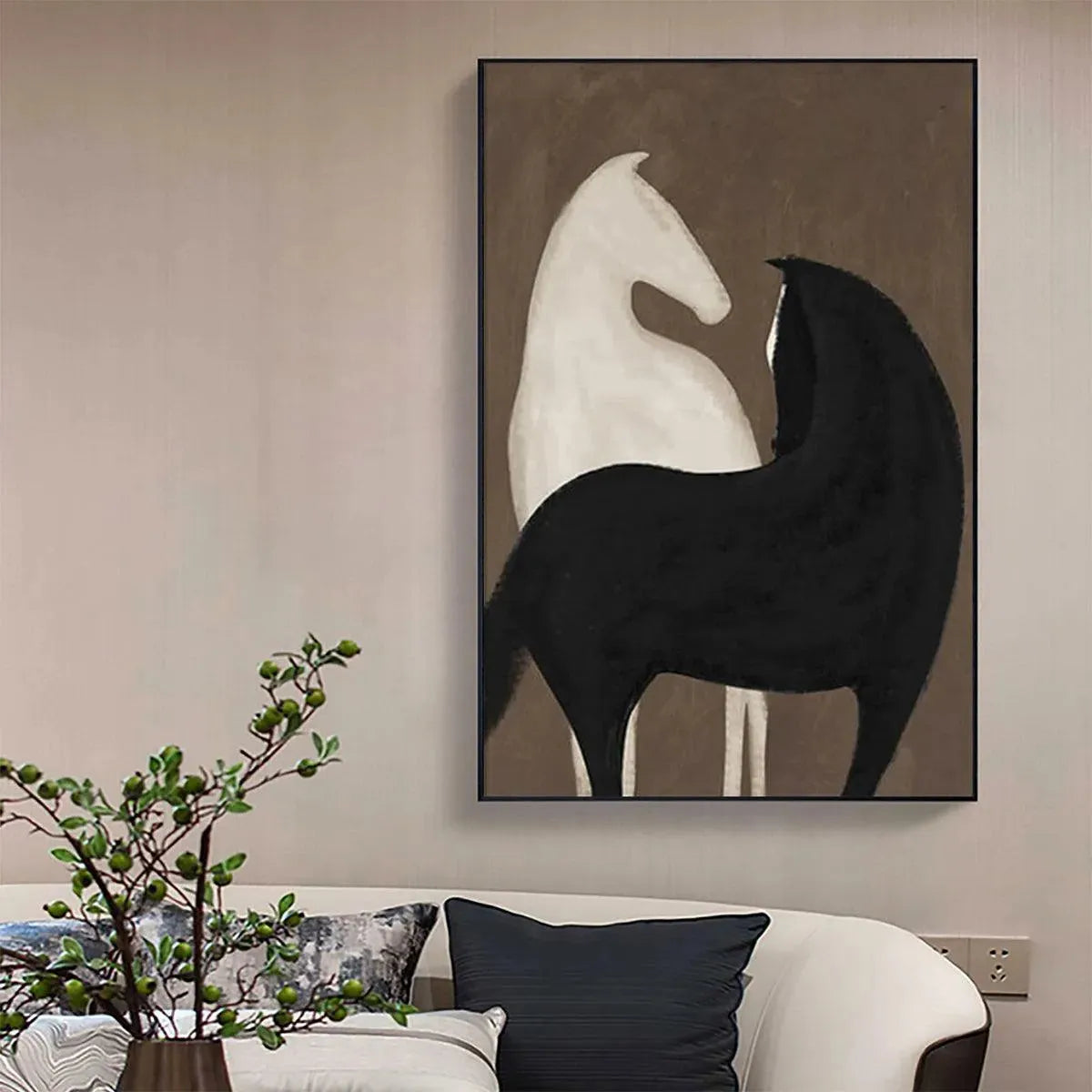 Black and White Minimalist Horse Oil Painting – Two Horses On Brown