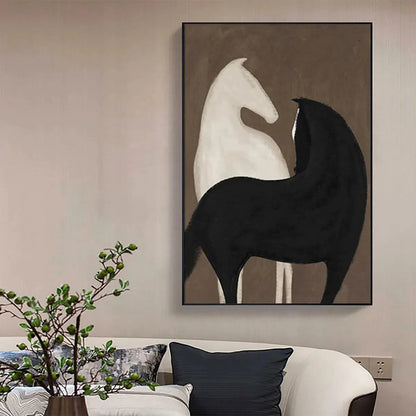 Black and White Minimalist Horse Oil Painting – Two Horses On Brown