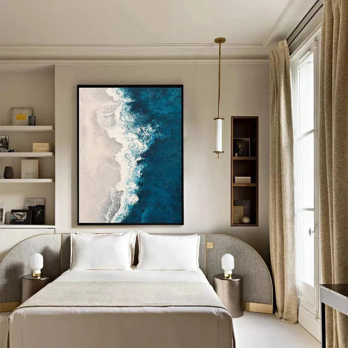 Azure Coast hand-painted beige, azure blue and ocean blue textured coastal abstract painting shown with white frame