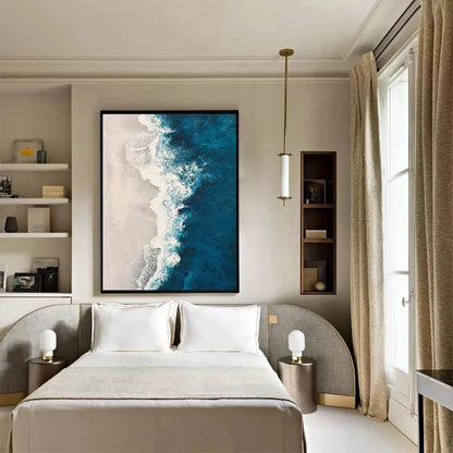 Azure Coast hand-painted beige, azure blue and ocean blue textured coastal abstract painting shown with white frame