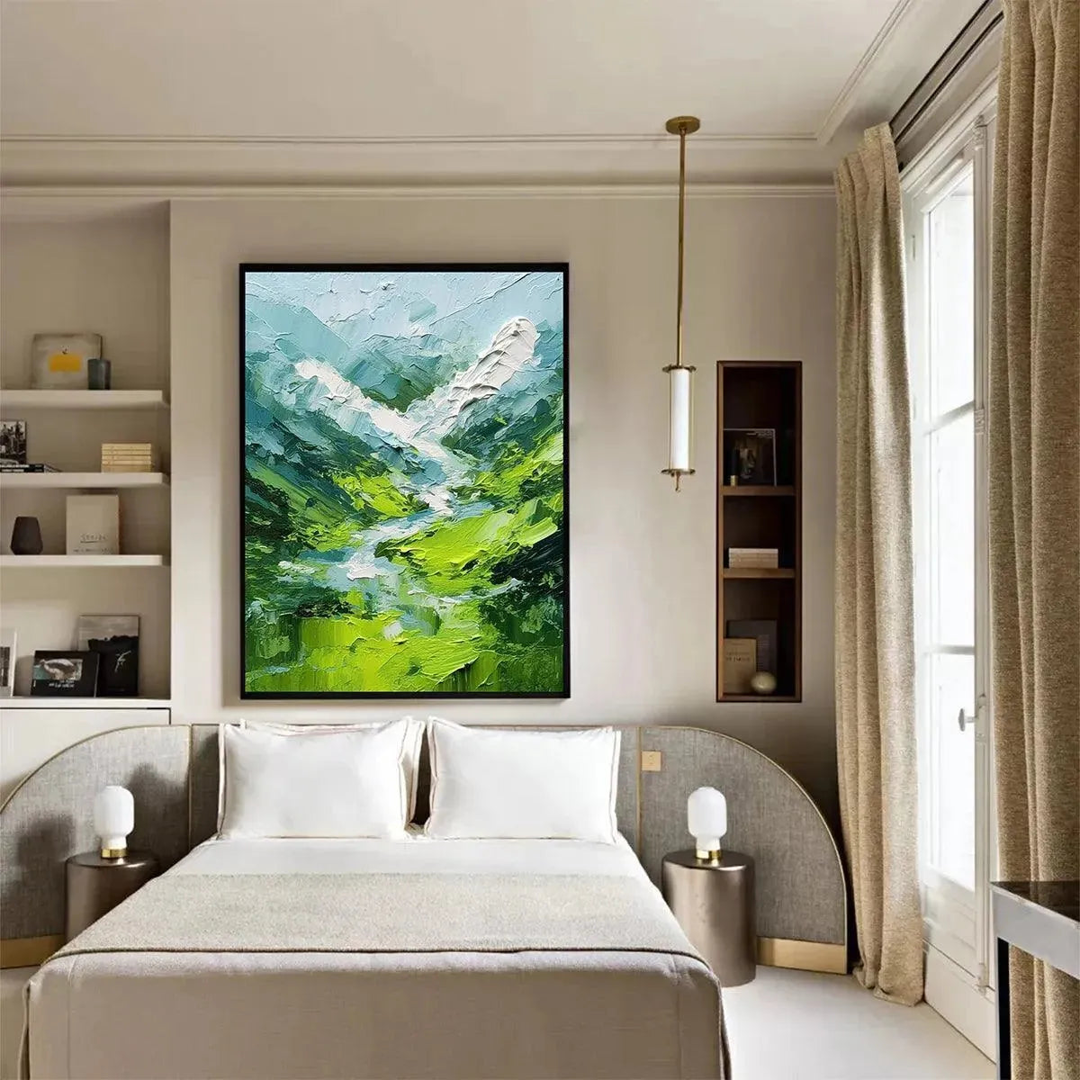 Emerald Valley hand-painted emerald green and ivory textured abstract mountain painting shown with white frame