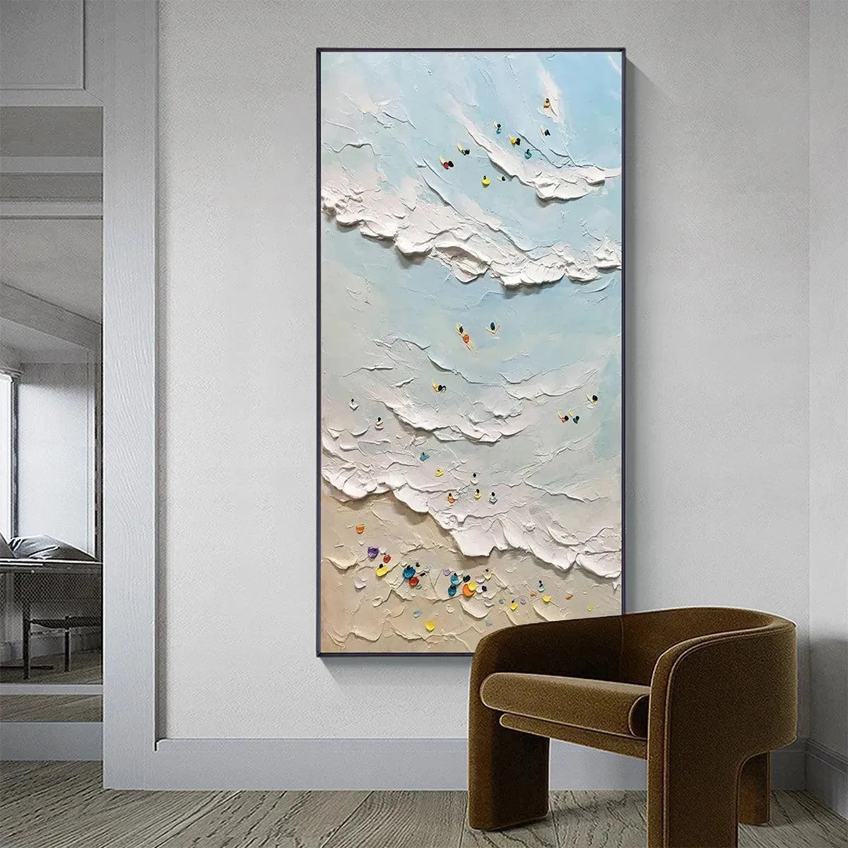 Summer Beach hand-painted ocean blue, ivory and soft neutral tones textured surfer ocean painting shown with white frame