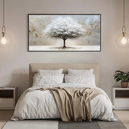 Winter's Grace hand-painted white, beige and gold textured tree painting shown with white frame