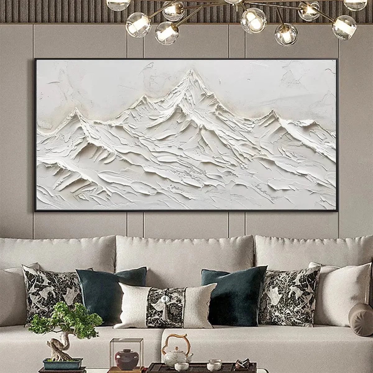 White Mountains hand-painted white and soft beige textured abstract mountain painting shown as stretched canvas